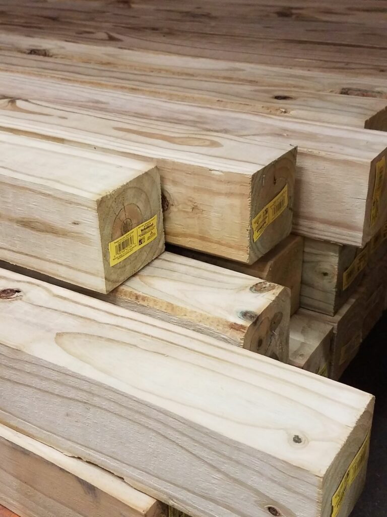 A stack of Douglas Fir 4x4 lumber. 4x4 weight for these posts is a little under 3 pounds per foot.