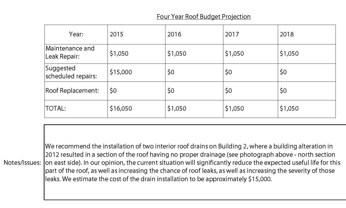 Sample roof budget projection.